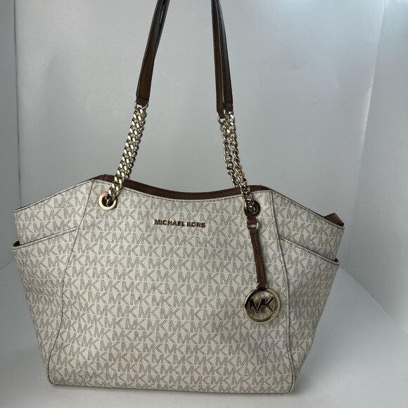 Michael Kors Jet Set Travel Large Chain Shoulder Tote Vanilla MK Signature *read - Picture 1 of 16